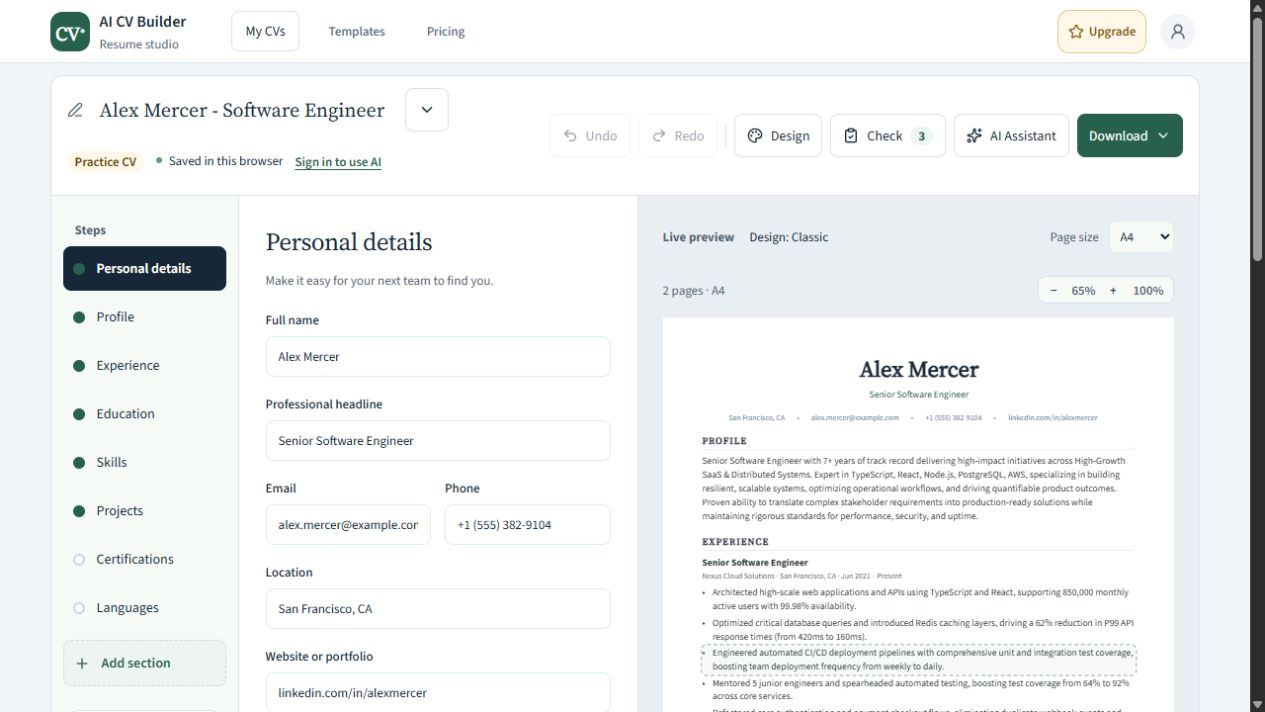 The live AI CV Builder editor with fictional practice data