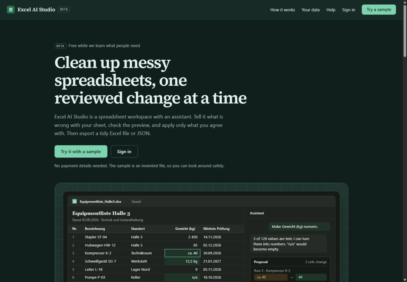 Excel AI Studio's public website with its spreadsheet cleanup introduction and workspace preview